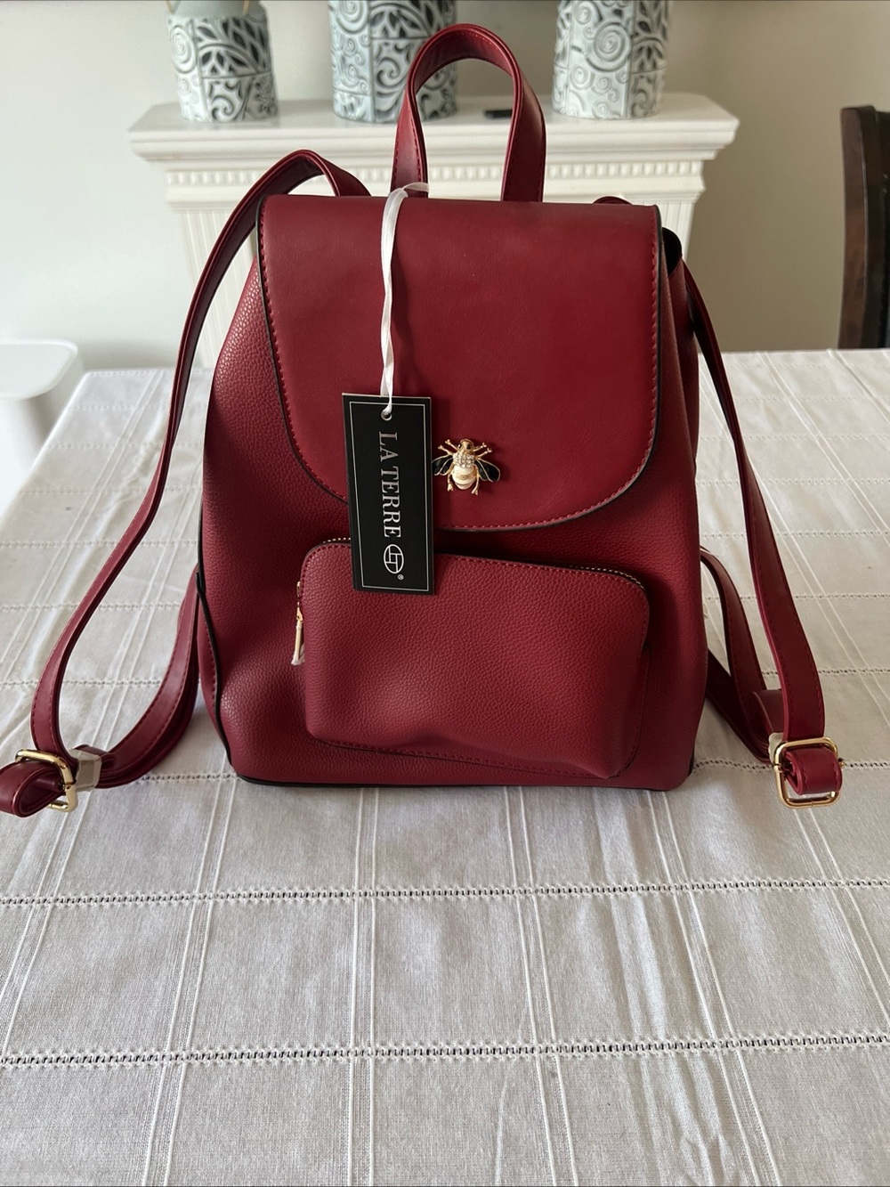La Terre Burgundy Bee Accent Backpack Purse